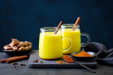 Turmeric,Latte,,Tea,,Golden,Milk,In,Glass,Mugs,With,Cinnamon.