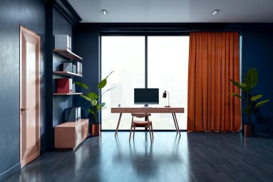 Contemporary,Workspace,With,Desk,,Chair,,Shelves,,And,Plants,In,A
