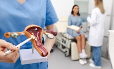 Gynecologist,Pointing,Uterine,Leiomyomas,On,Anatomical,Model,Of,Uterus,While