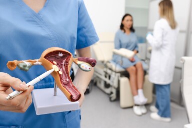 Gynecologist,Pointing,Uterine,Leiomyomas,On,Anatomical,Model,Of,Uterus,While