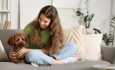 Teenage,Girl,With,Poodle,Dog,Sitting,On,Sofa,At,Home