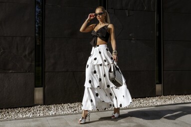 Elegant,Blonde,Model,Walking,In,Luxury,White,Polka,Dot,Skirt