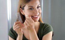 Close-up,Of,Smiling,Girl,Applying,Acne,Treatment,Anti-pickel,Patch,On