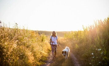 Woman,Walking,With,Dog,By,The,Lake,At,Sunset