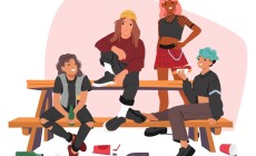 Group,Of,Hipster,Teenage,Friends,Eating,Junk,Food,Drinking,Unhealthy