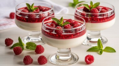 Three,Elegant,Glass,Cups,Hold,Creamy,Panna,Cotta,Desserts,,Topped