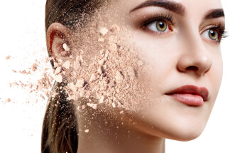 Young,Woman,Face,Made,From,Crumbly,Powder.,Over,White,Background