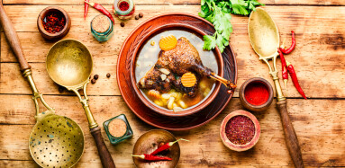 Goose,Soup,With,Vegetables,And,Pasta.,A,Bowl,Of,Duck