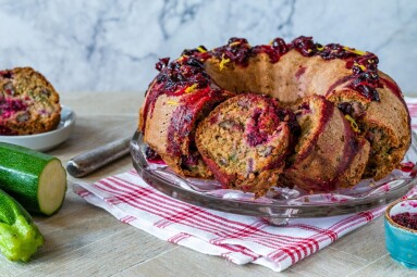 Courgette,,Walnut,And,Blackcurrant,Bundt,Cake,With,Black,Currant,Compote
