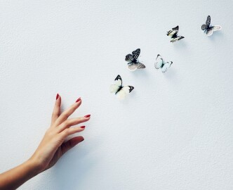Art,,Mockup,And,Hand,Of,Woman,With,Butterfly,In,Studio