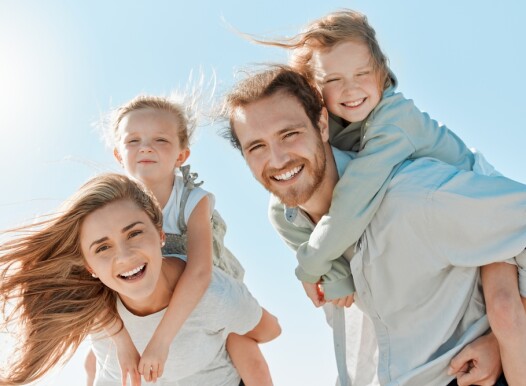 Piggyback,,Portrait,And,Family,On,Holiday,,Sky,And,Travel,For