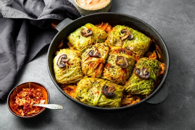Savoy,Cabbage,Stuffed,With,Mushrooms,,Vegetarian,Dish,,Gray,Background.,High