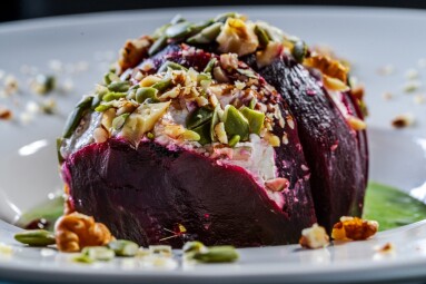 Beetroot,With,Cottage,Cheese,Cream,,Nuts,And,Pumpkin,Seeds,On