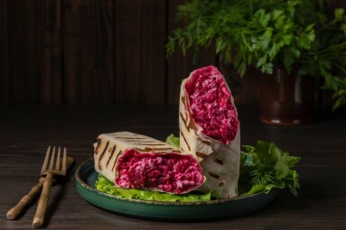 Homemade,Healthy,Trendy,Breakfast,Vegan,Burrito,With,Red,Beetroot,,Feta