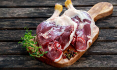 Free,Range,Duck,Legs,With,Herbs.,On,Old,Wooden,Table