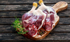 Free,Range,Duck,Legs,With,Herbs.,On,Old,Wooden,Table