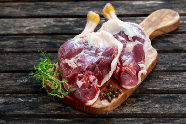 Free,Range,Duck,Legs,With,Herbs.,On,Old,Wooden,Table