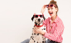 Happy,Girl,And,Pet,Wear,Red,Sunglasses.,Young,Woman,Spend