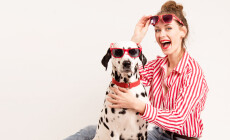 Happy,Girl,And,Pet,Wear,Red,Sunglasses.,Young,Woman,Spend