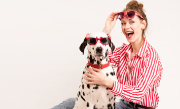 Happy,Girl,And,Pet,Wear,Red,Sunglasses.,Young,Woman,Spend