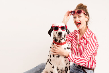 Happy,Girl,And,Pet,Wear,Red,Sunglasses.,Young,Woman,Spend