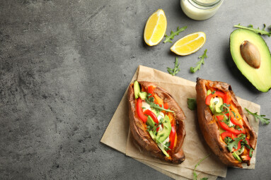 Flat,Lay,Composition,With,Stuffed,Sweet,Potatoes,On,Grey,Background.