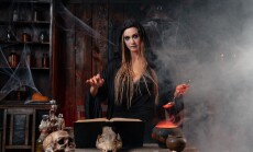 Halloween,,Witch,Use,Magic,Book,And,Cauldron,Prepare,Poison,Or
