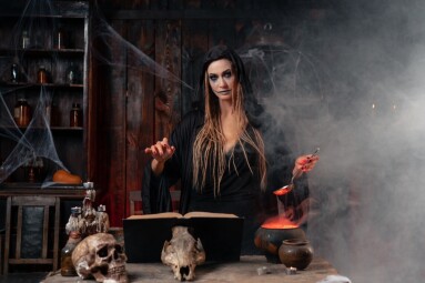 Halloween,,Witch,Use,Magic,Book,And,Cauldron,Prepare,Poison,Or