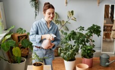 Portrait,Of,Smiling,Young,Woman,Watering,Plants,Indoors,And,Caring