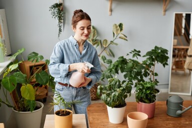 Portrait,Of,Smiling,Young,Woman,Watering,Plants,Indoors,And,Caring