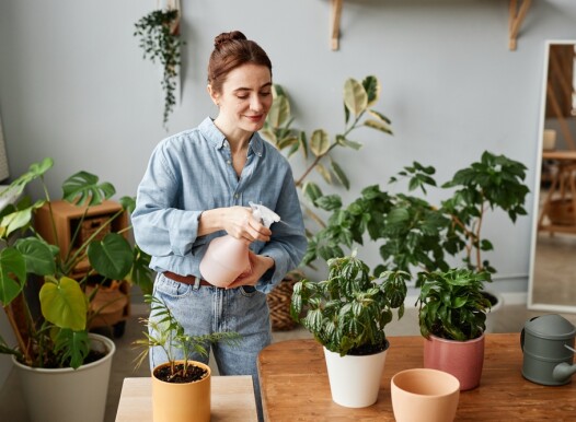 Portrait,Of,Smiling,Young,Woman,Watering,Plants,Indoors,And,Caring