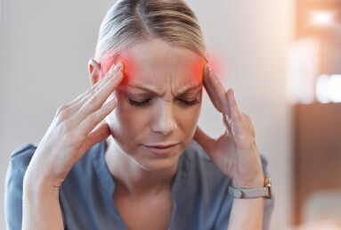 Business,Woman,,Headache,And,Stress,With,Thinking,,Red,Glow,Or