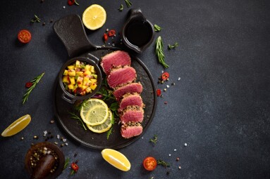 Sliced,Organic,Grilled,Tuna,Fillet,Covered,With,Sesame,Seeds,And