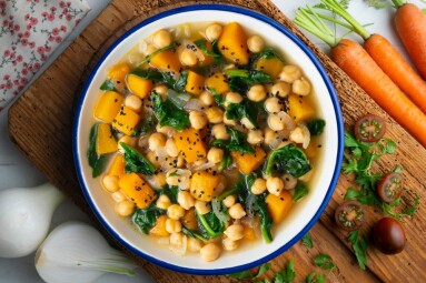 Chickpea,Stew,With,Pumpkin,And,Spinach.,Top,View,Table,With