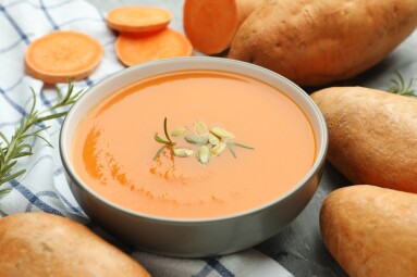 Delicious,Sweet,Potato,Soup,With,Pumpkin,Seeds,In,Bowl,,Vegetables