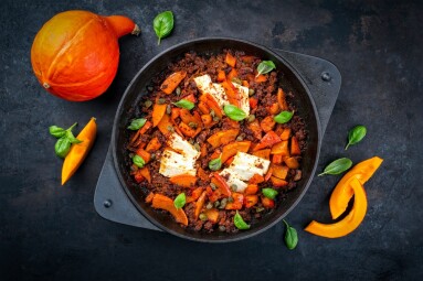 Greek,Style,Minced,Beef,Meat,Ragout,Stew,With,Pumpkin,,Feta