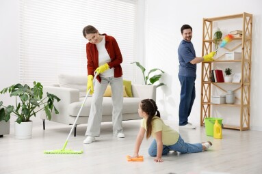 Spring,Cleaning.,Family,Tidying,Up,Living,Room,Together