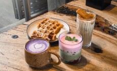 A,Cozy,Cafe,Table,Featuring,A,Purple,Ube,Latte,With