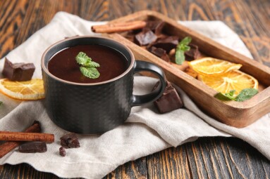 Cup,Of,Hot,Chocolate,With,Mint,Leaves,,Dried,Orange,Slices