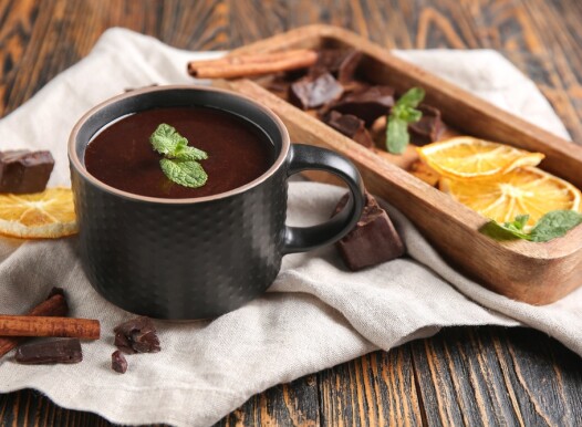 Cup,Of,Hot,Chocolate,With,Mint,Leaves,,Dried,Orange,Slices